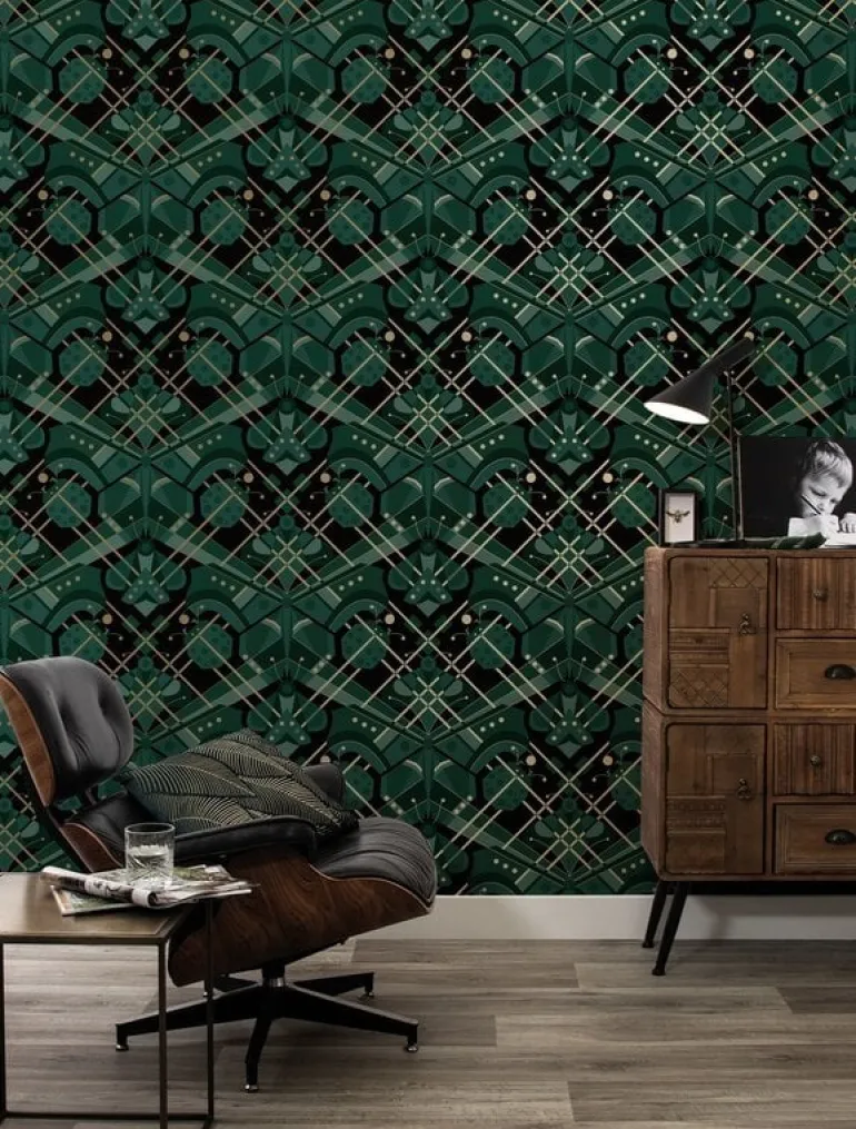 Art deco goud behang animaux butterfly - groen