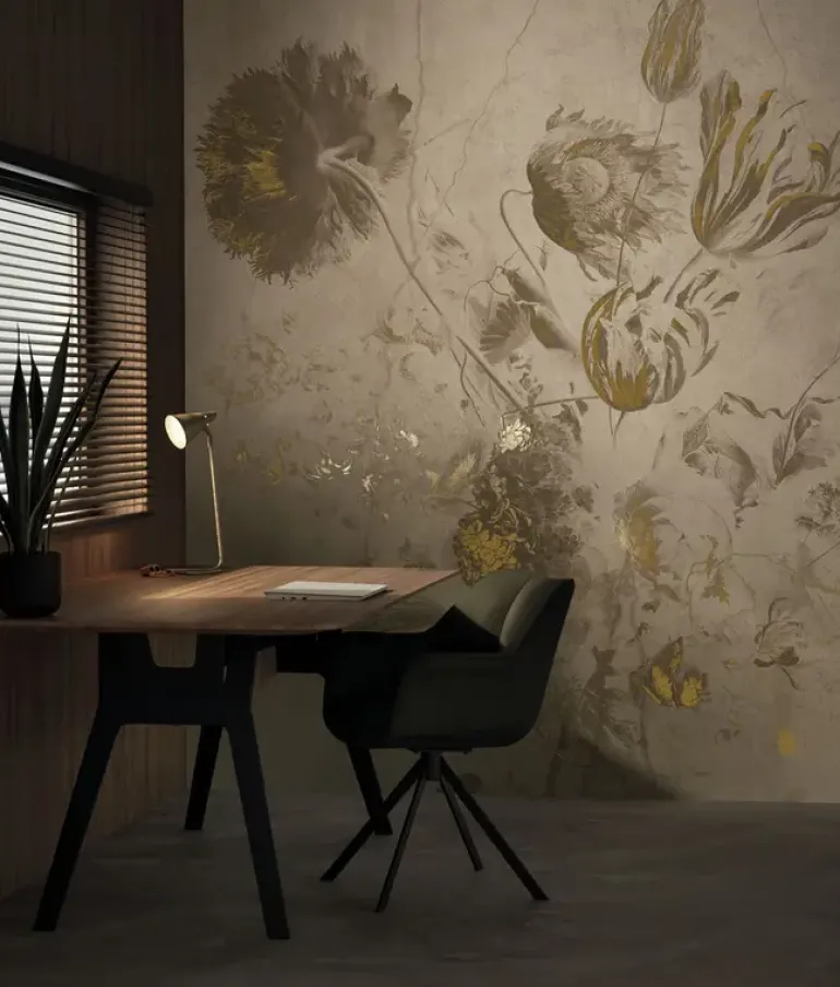 Fresco Flowers behang FU-051 - 194,8x280cm goud/beige
