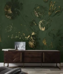 Fresco Flowers behang FU-058 - 292,2x280cm goud/groen