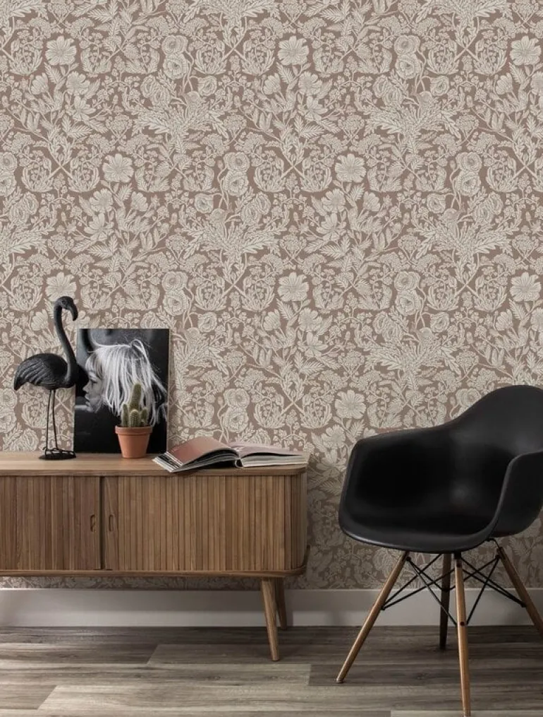 Getekende bloemen behang 100x280cm nude - FR-002