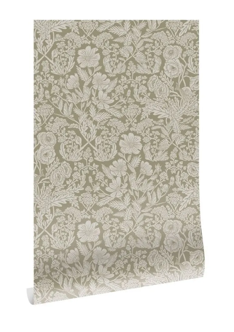 Getekende bloemen behang 100x280cm zand - FR-003