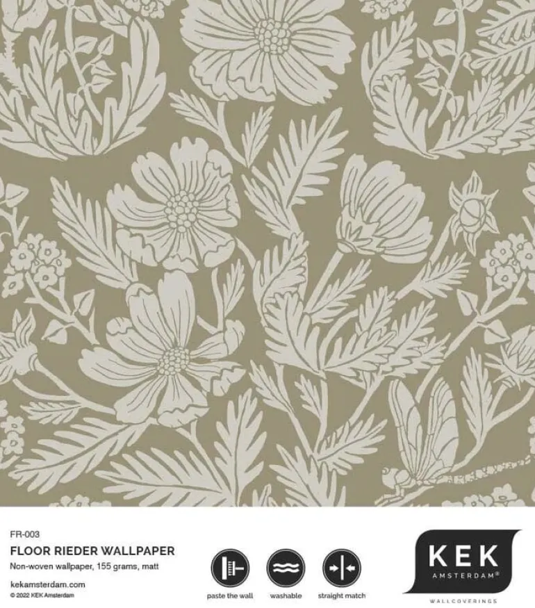 Getekende bloemen behang 100x280cm zand - FR-003