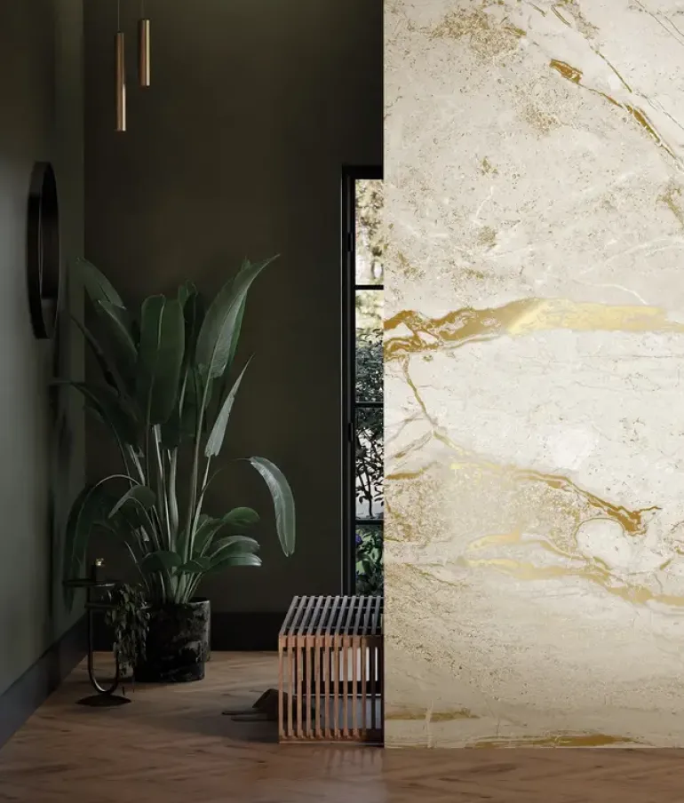 Marmer behang FU-072 - 194,8x280cm goud/wit